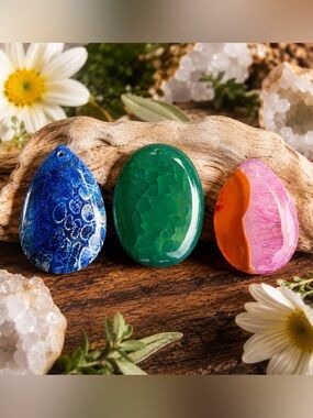Fossil Coral, Green Crackle Agate & Pink Carnelian Agate Polished Pendants